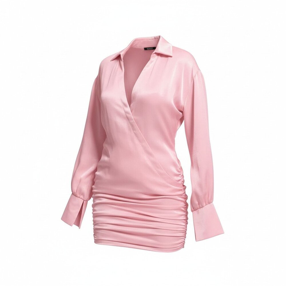Mad‎ For Love Pink Silky V Neck Mini Shirt Dress
